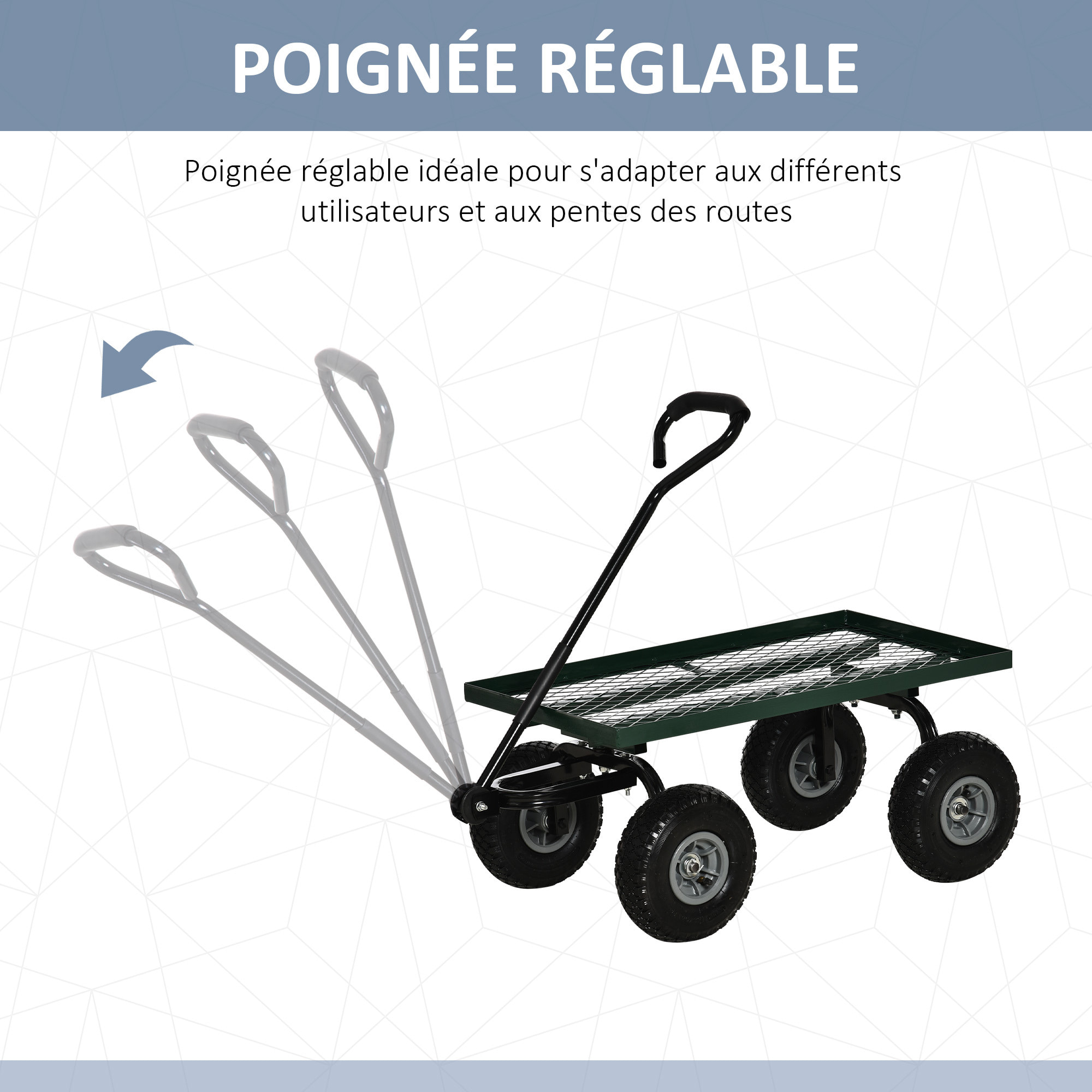 Chariot de transport jardin remorque à main charrette à bras 4 roues 94L x 48,5l x 100H cm charge max. 150 Kg métal vert