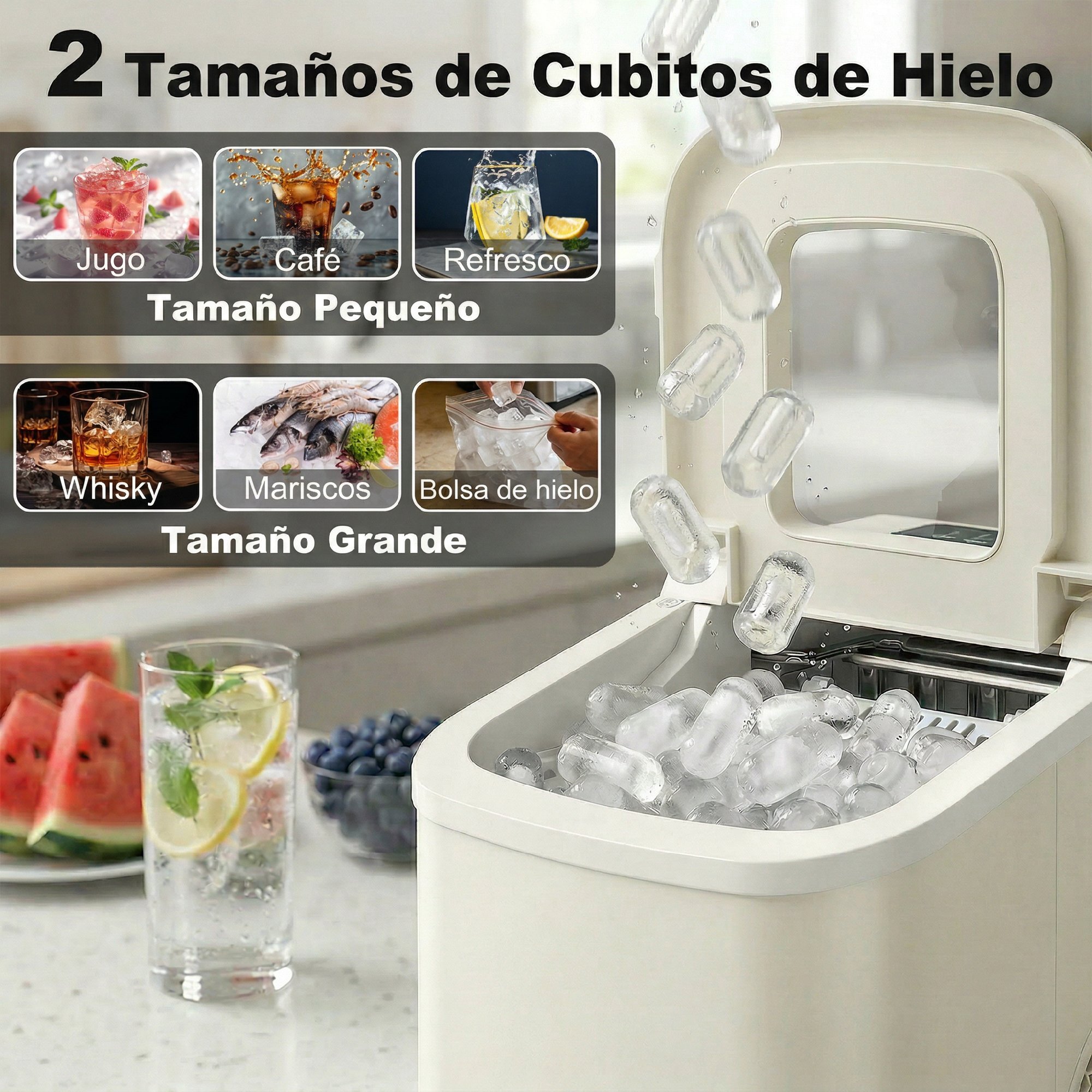Máquina de Hielo, Máquina de Cubitos de Hielo Autolimpiable, 12 kg/24H, 9 Cubitos Listos en 7 Minutos, 2 Tamaños de Hielo, 1,2L Depósito, para Hogar, Cocina, Oficina, Bar, Beige