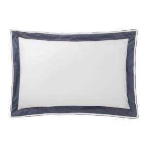 Taie d'oreiller tricolore en satin de coton avec bande appliquée, MARCEAU, Blanc Neige/Bleu Marine