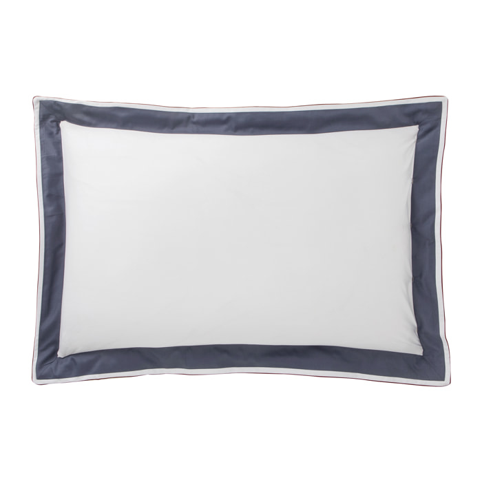 Taie d'oreiller tricolore en satin de coton avec bande appliquée, MARCEAU, Blanc Neige/Bleu Marine