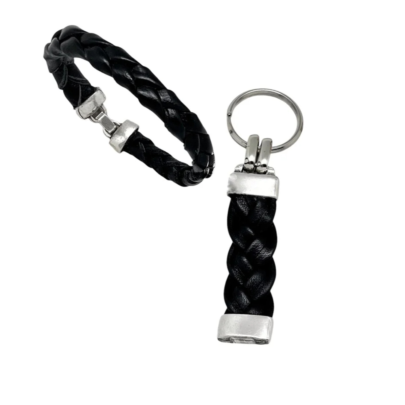 Conjunto pulsera y llavero trenzado negro en piel