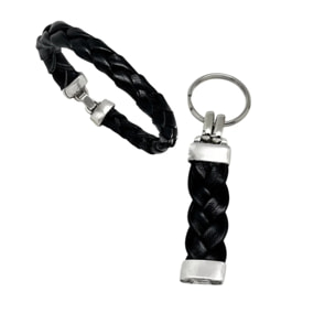Conjunto pulsera y llavero trenzado negro en piel