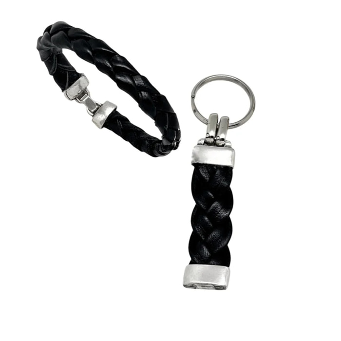 Conjunto pulsera y llavero trenzado negro en piel