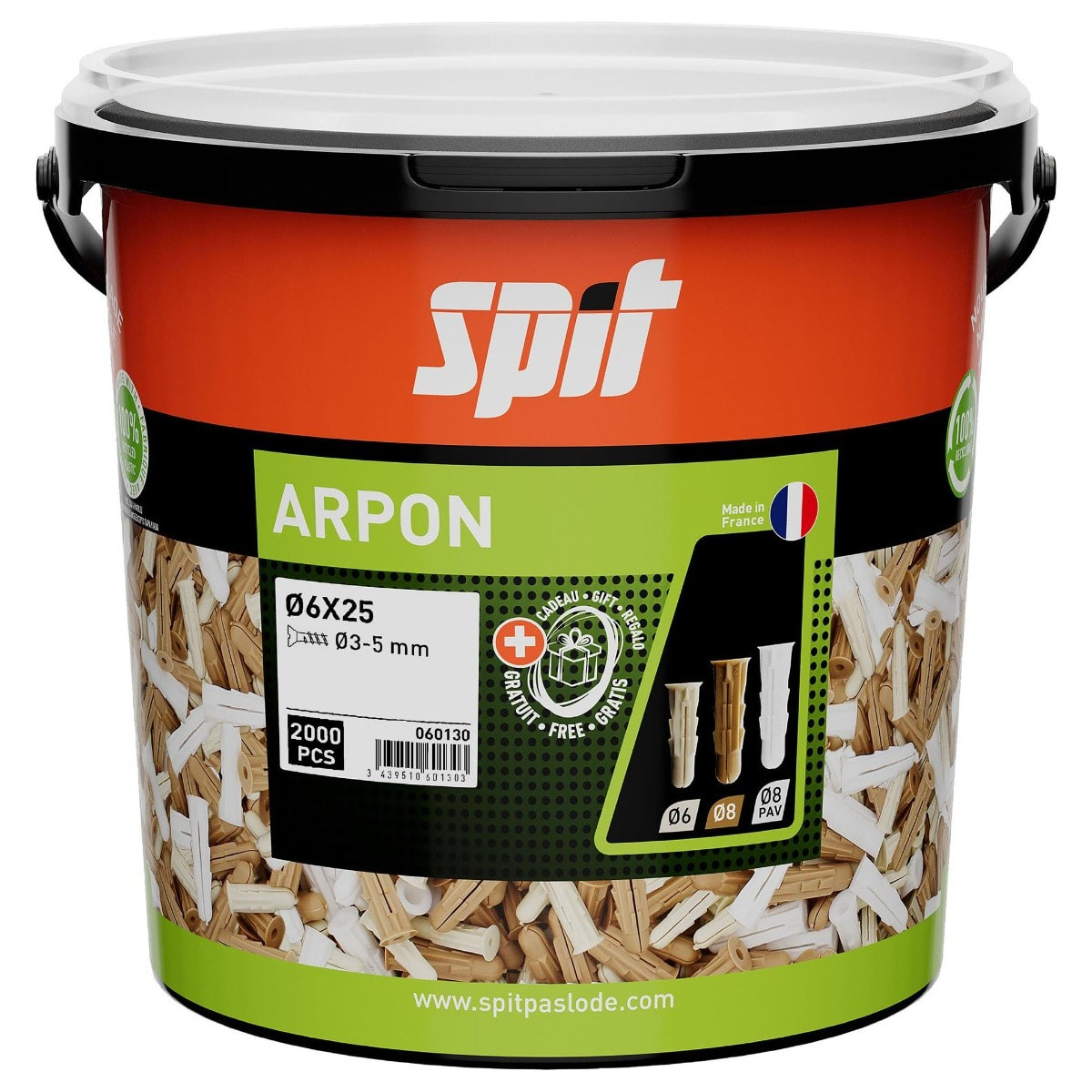 Cheville Arpon multi-matériaux - Ø 6 x 25 - Seau de 2000 - SPIT - 060130