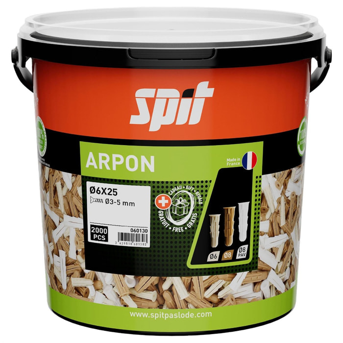 Cheville Arpon multi-matériaux - Ø 6 x 25 - Seau de 2000 - SPIT - 060130