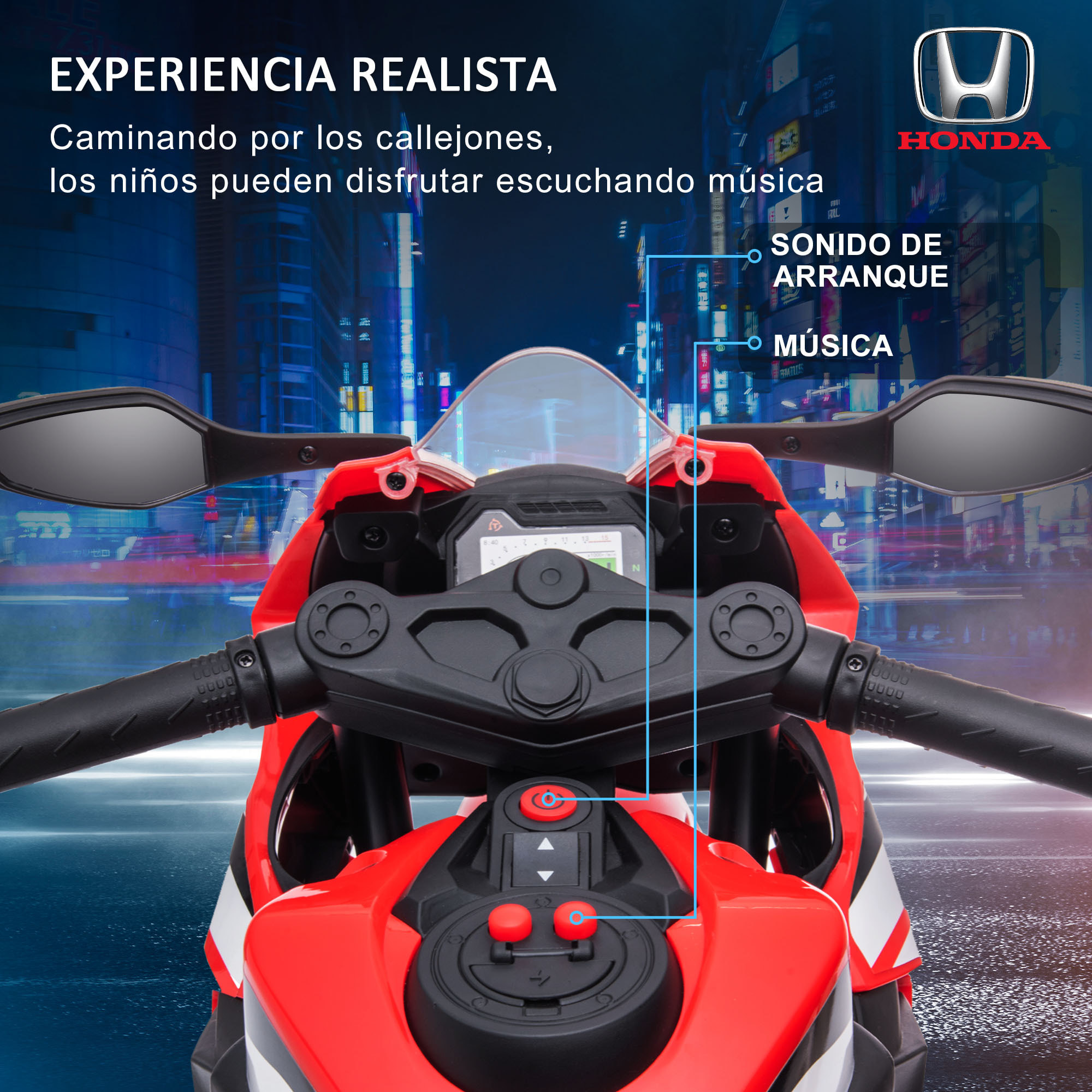 Moto Eléctrica con Licencia HONDA para Niños de 3-5 Años Moto a Batería 6V con Faro Bocina Música y Ruedas Auxiliares Extraíbles Carga 30 kg 90x44x52 cm Rojo