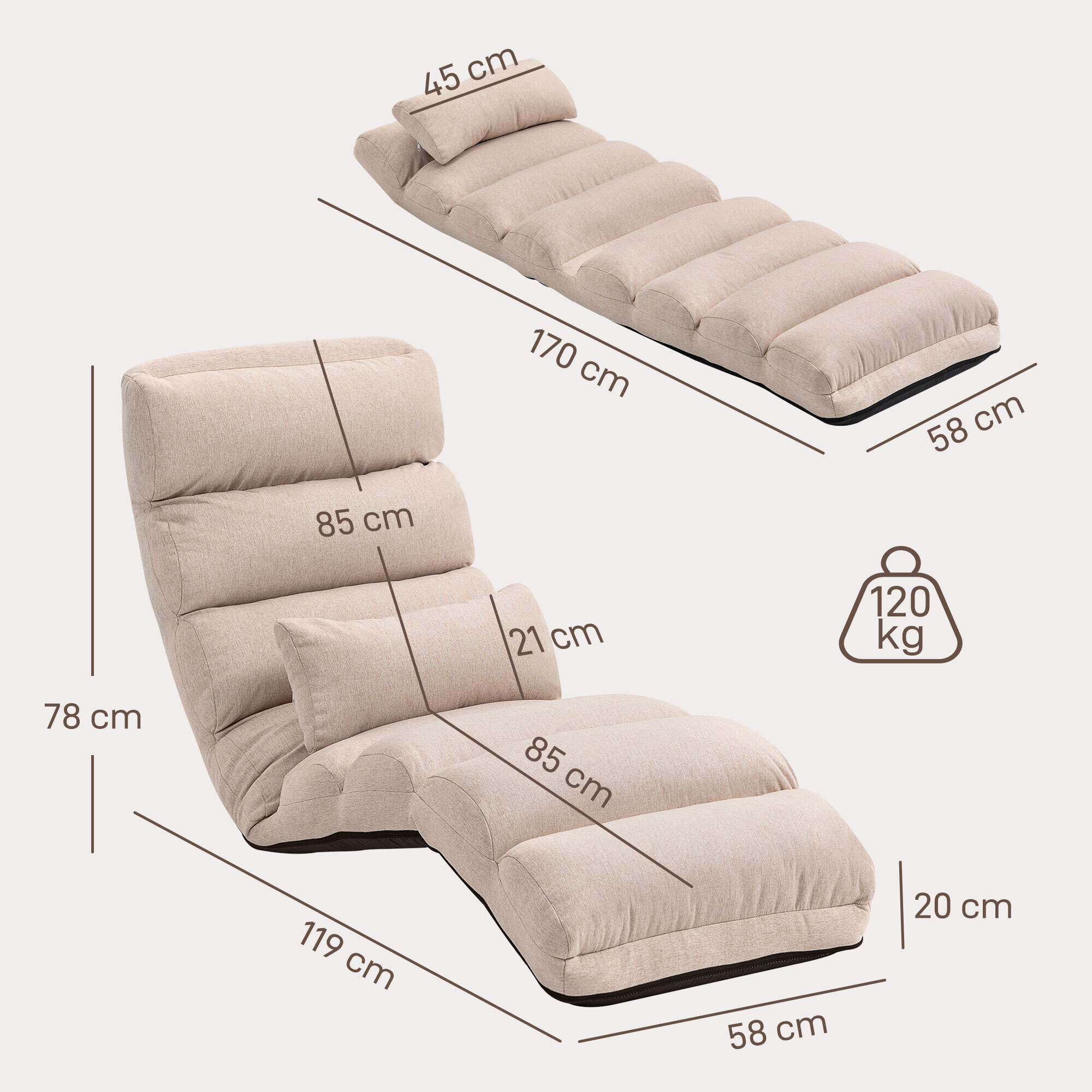Fauteuil convertible paresseux grand confort réglable tissu toucher lin beige