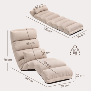 Fauteuil convertible paresseux grand confort réglable tissu toucher lin beige