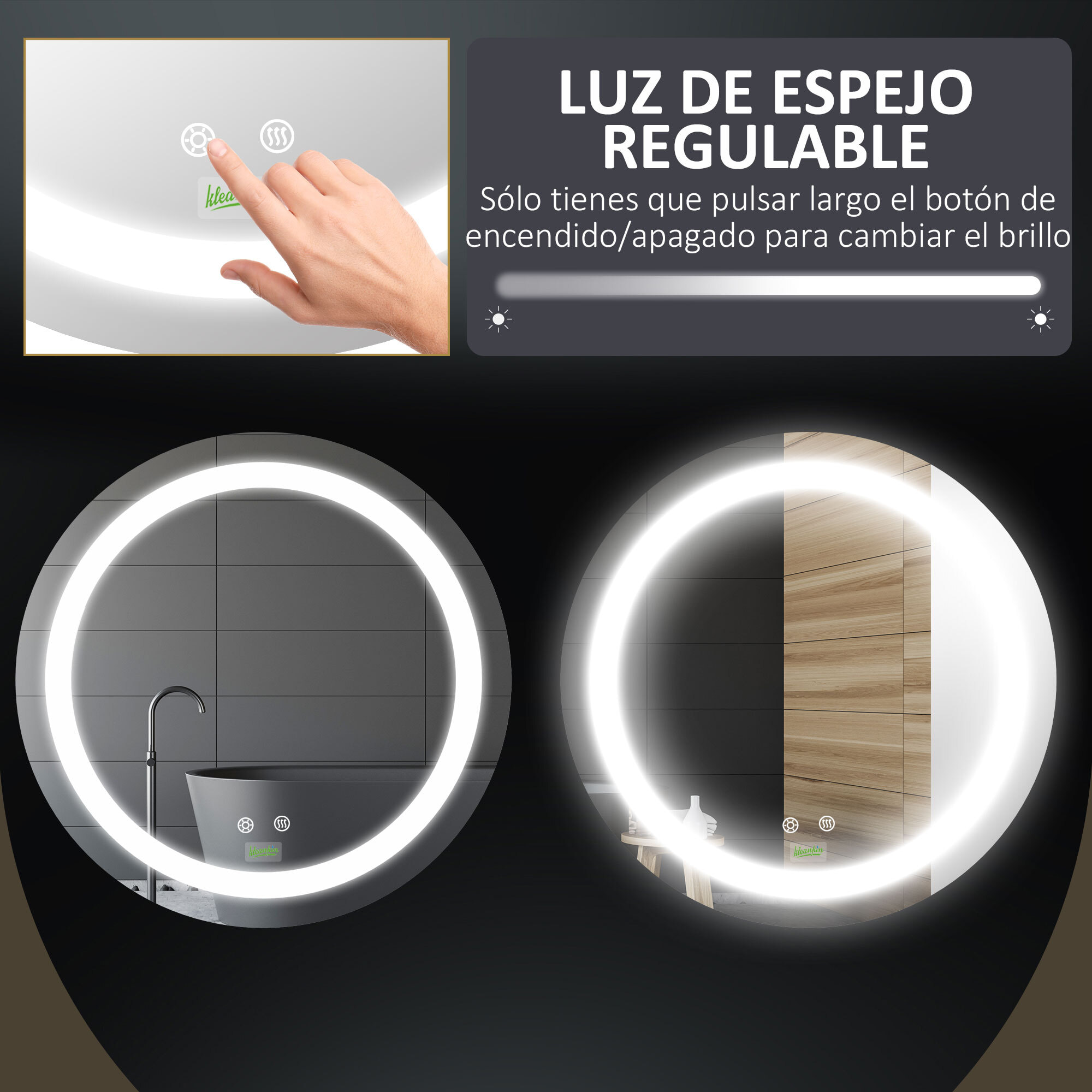 Conjunto de Baño Incluye 1 Mueble de Baño con Lavabo 61x37x88 cm y 1 Espejo de Baño con Luz LED Antivaho Interruptor Táctil Ø50x4,6 cm Blanco Brillante y Plata