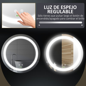 Conjunto de Baño Incluye 1 Mueble de Baño con Lavabo 61x37x88 cm y 1 Espejo de Baño con Luz LED Antivaho Interruptor Táctil Ø50x4,6 cm Blanco Brillante y Plata