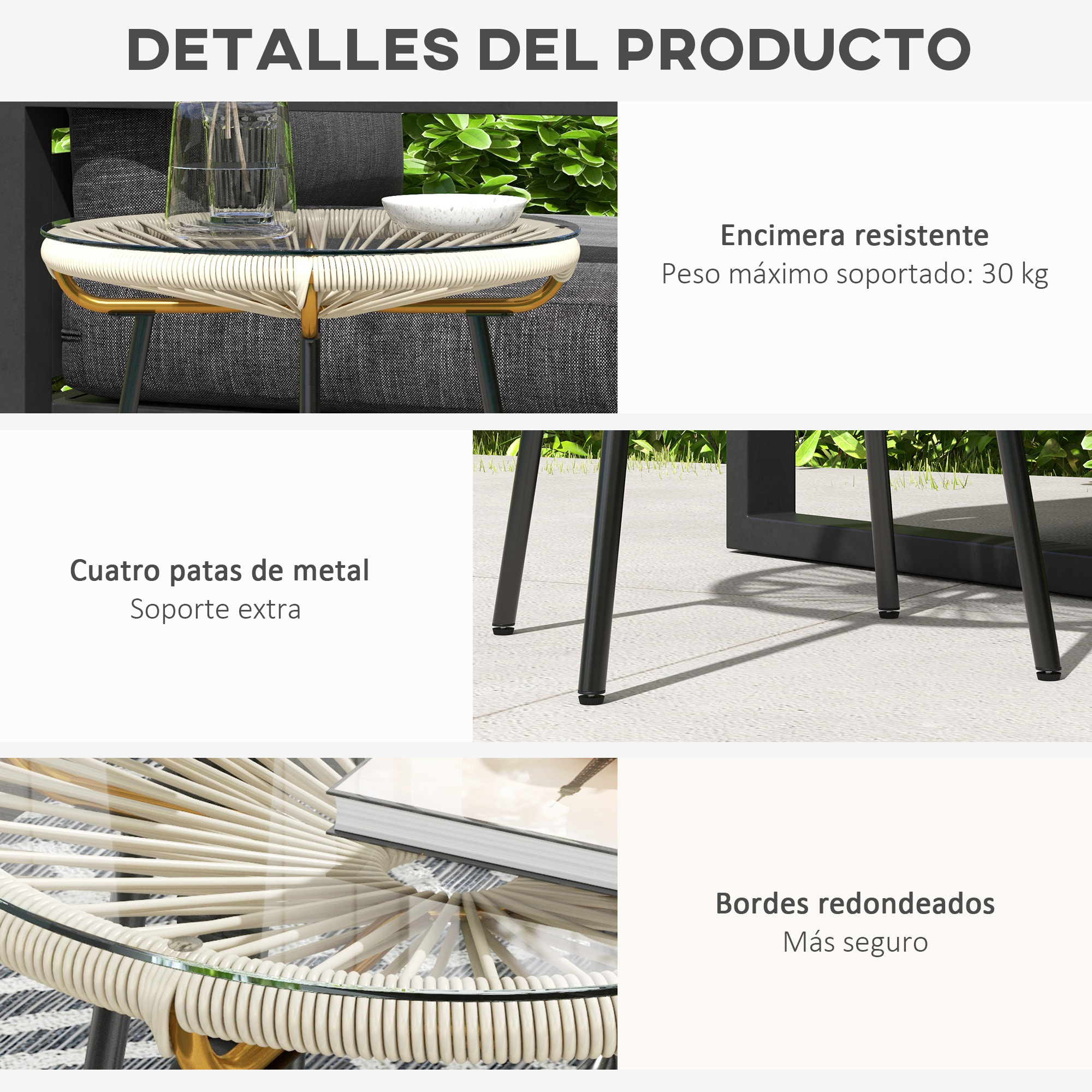 Mesa de Jardín de Ratán Sintético Mesa de Centro Redonda para Exteriores con Tablero de Vidrio Templado y Patas de Metal para Patio Balcón Ø50x50 cm Crema