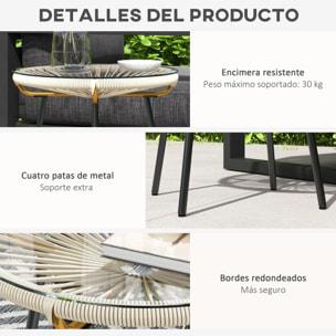 Mesa de Jardín de Ratán Sintético Mesa de Centro Redonda para Exteriores con Tablero de Vidrio Templado y Patas de Metal para Patio Balcón Ø50x50 cm Crema