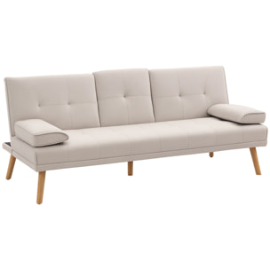 Sofá Cama 3 Plazas, Mesa Abatible con 2 Soportes para Vasos, 181x77x78 cm, Sofá Cama con Respaldo Ajustable, Apertura Clik-Clak, Reposabrazos Desmontables, Patas de Madera, Beige