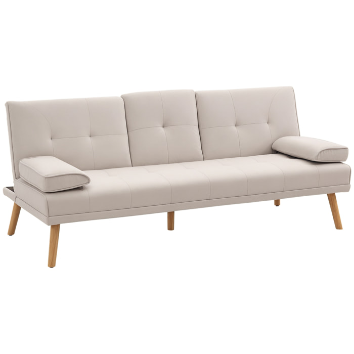 Sofá Cama 3 Plazas, Mesa Abatible con 2 Soportes para Vasos, 181x77x78 cm, Sofá Cama con Respaldo Ajustable, Apertura Clik-Clak, Reposabrazos Desmontables, Patas de Madera, Beige