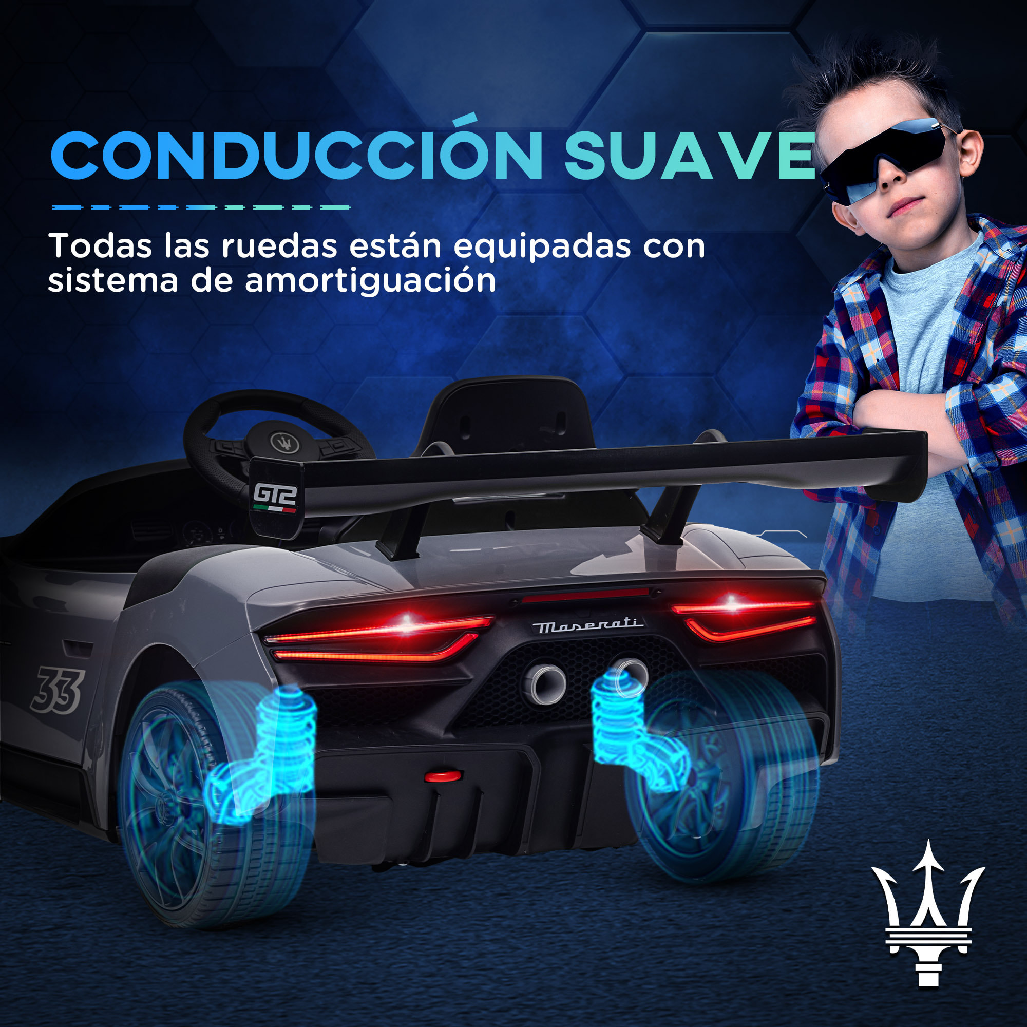 Coche Eléctrico para Niños de +3 Años Maserati GT2 Coche Eléctrico con Batería 12V Carro Eléctrico Infantil con Mando a Distancia Faros LED Bocina Música y Ruedas Auxiliares Gris