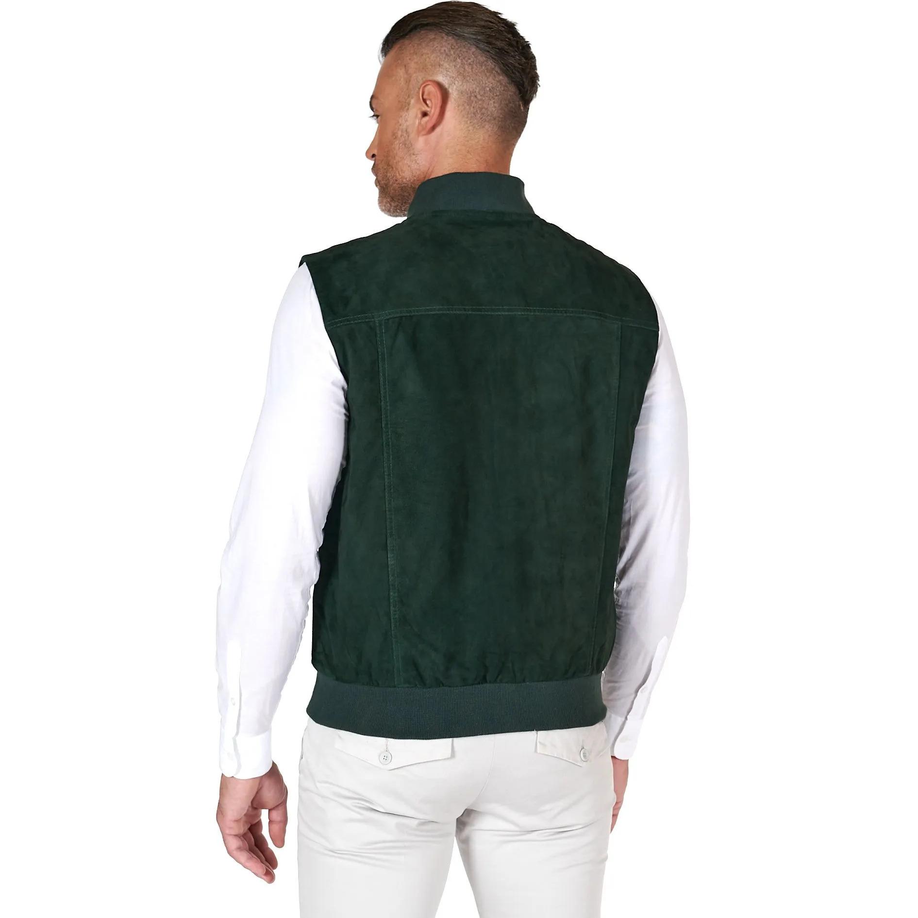 Gilet in pelle camoscio verde con bottoni