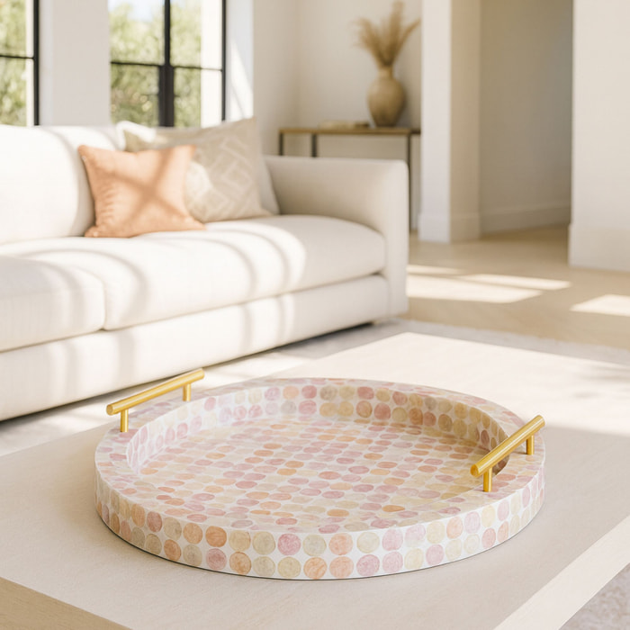 Plateau rond avec poignée en coquille de capiz rose ELORA