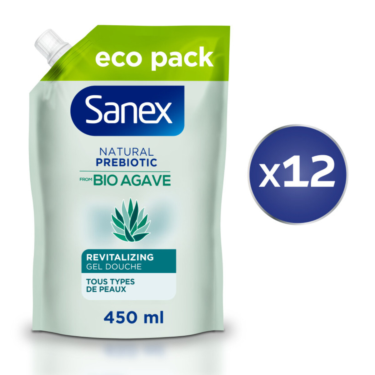 Pack de 12 - Eco recharge Gel douche Sanex Bio Agave revitalisant 450ml