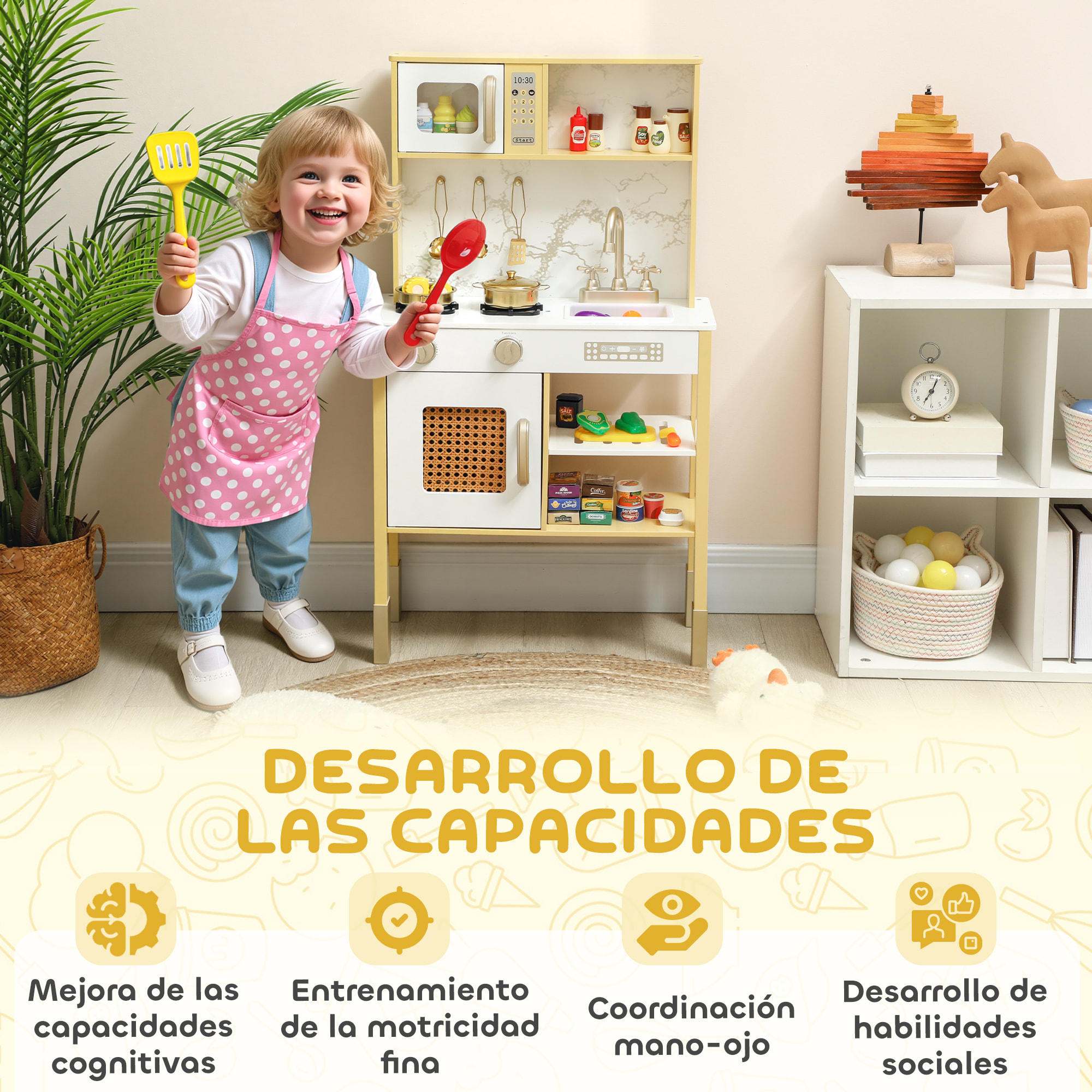 Cocina de Juguete de Madera con Sonido, Cocinita Infantil con Accesorios de Acero Inoxidable, Microondas, Horno, Fregadero, Verduras para Cortar, para Niños a Partir de 3 Años, Dorado