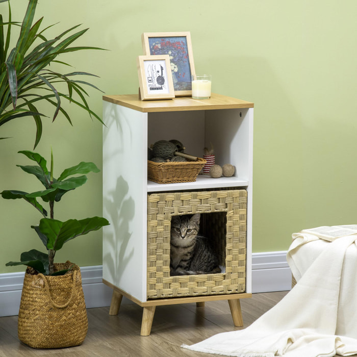 Maison pour chat rangement design scandinave - coussin peluche douce, niche panier rotin - panneaux blanc aspect chêne clair