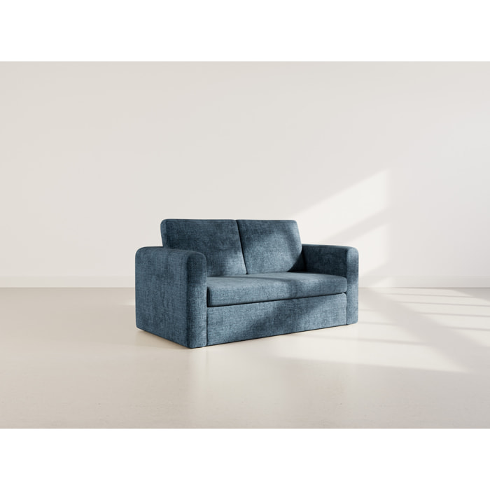 Marilia - Canapé 2 places convertible déplimousse en velours texturé - Bleu