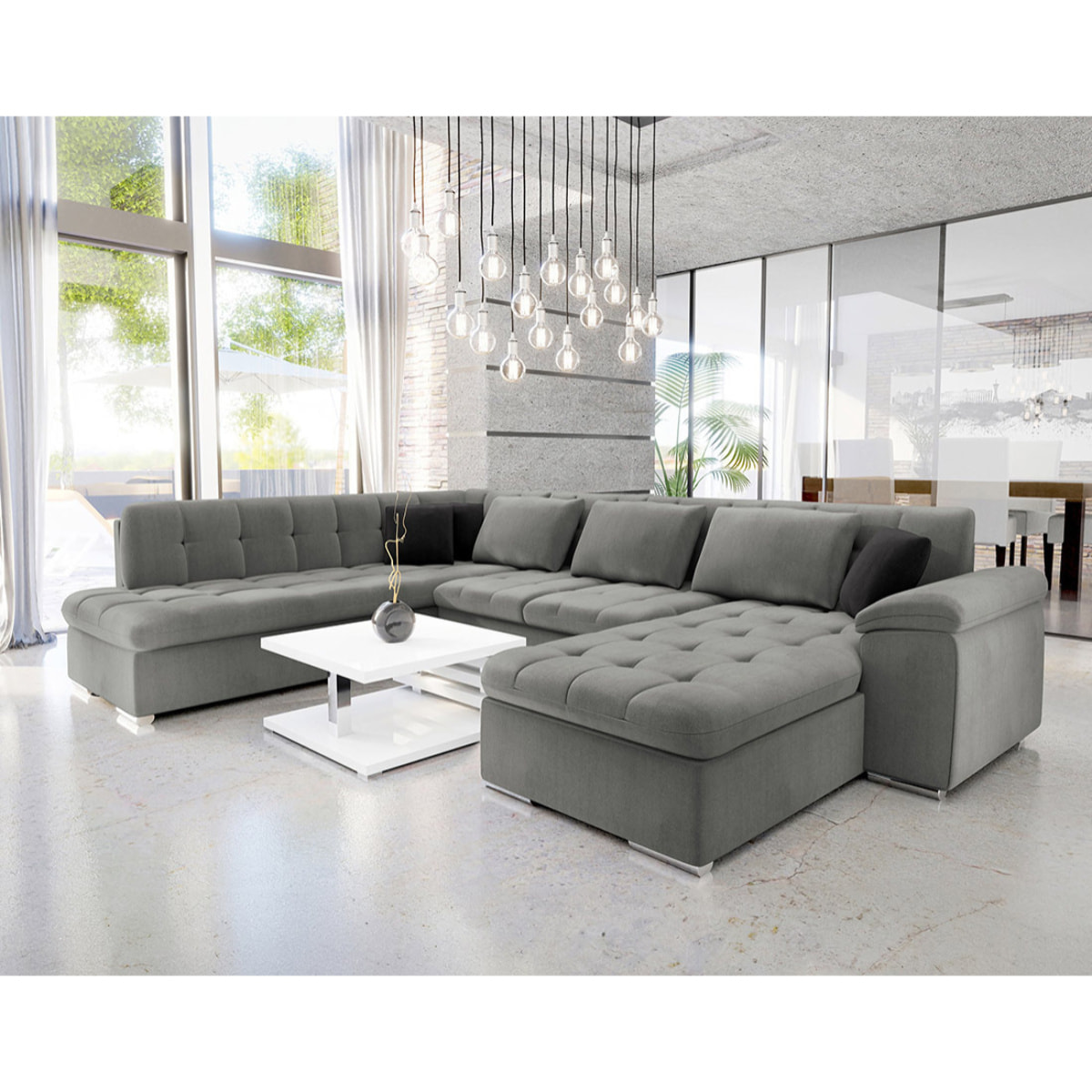 Chuck - canapé panoramique d'angle gauche XXL - convertible avec coffre - 7 places - Gris