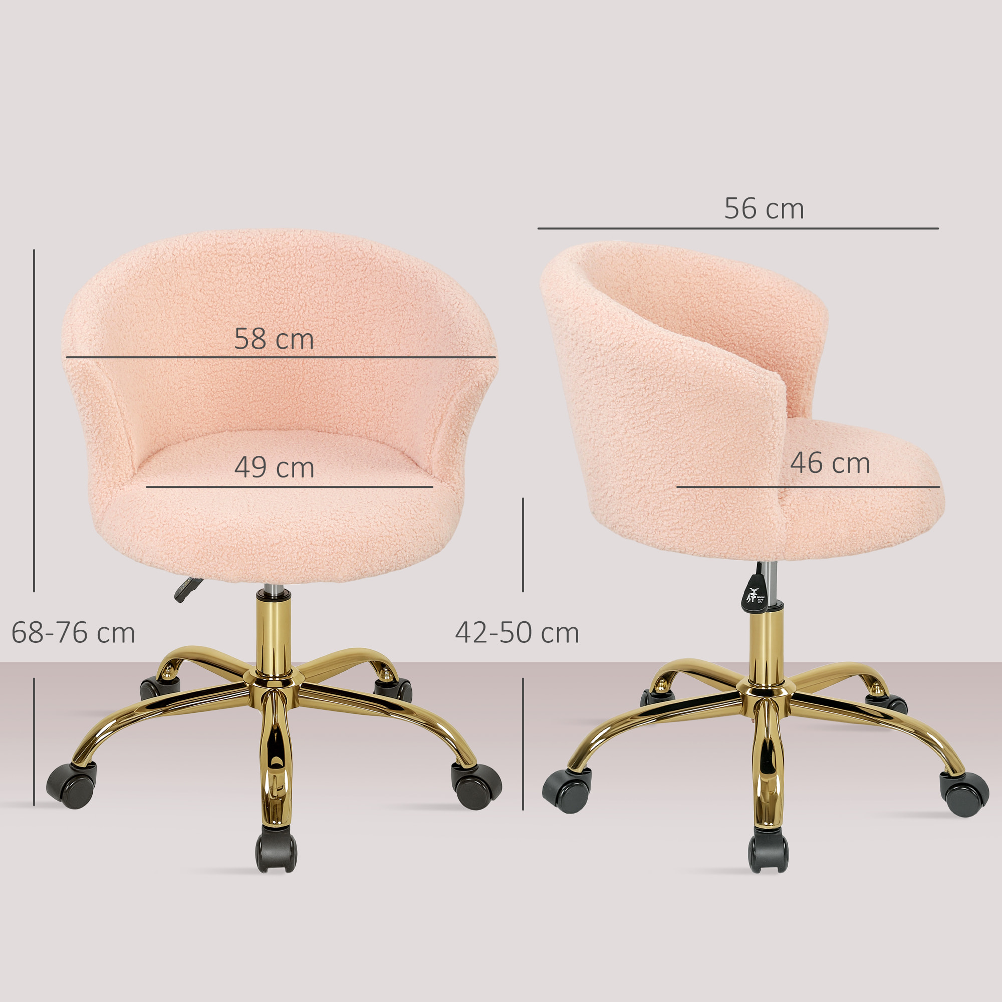 Chaise de bureau design effet courte laine bouclée piètement métal doré rose