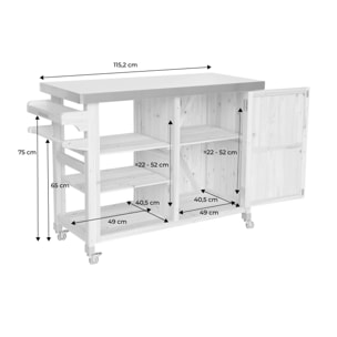 Cuisine d'extérieure 115cm bois avec poignées. 4 roues et 5 espaces de rangement. L 115 x l 51.5 x h 89.5cm