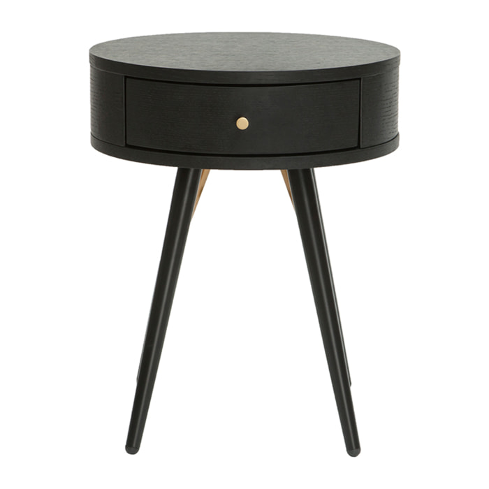 Table de chevet ronde avec tiroir bois et métal noir KORAL