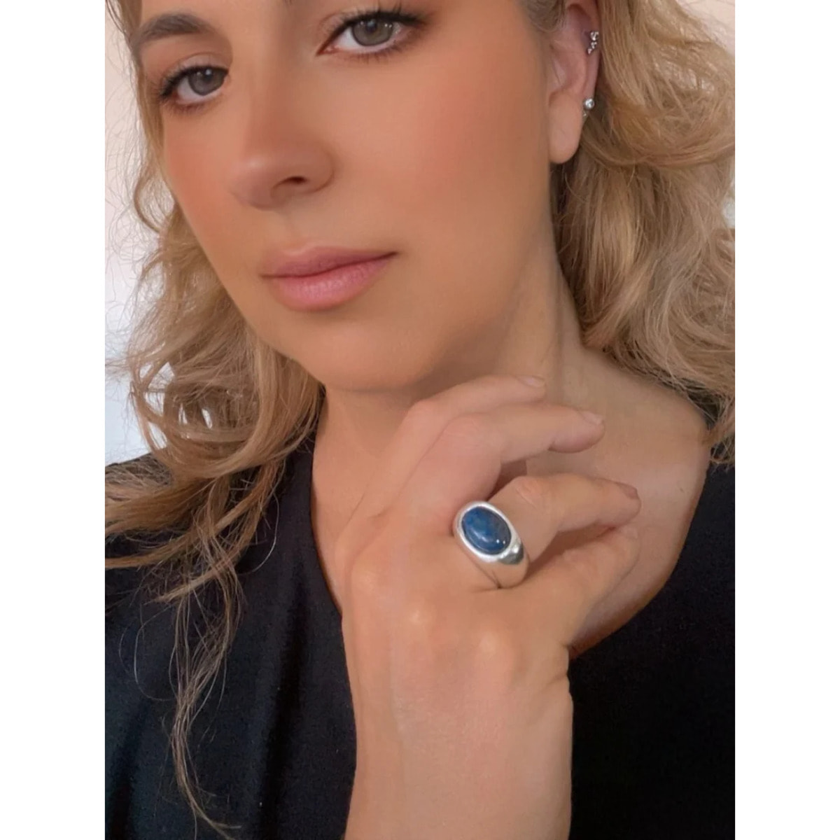 Anillo Joya con piedra natural estilo solitario plata 10µ y lapislazuli