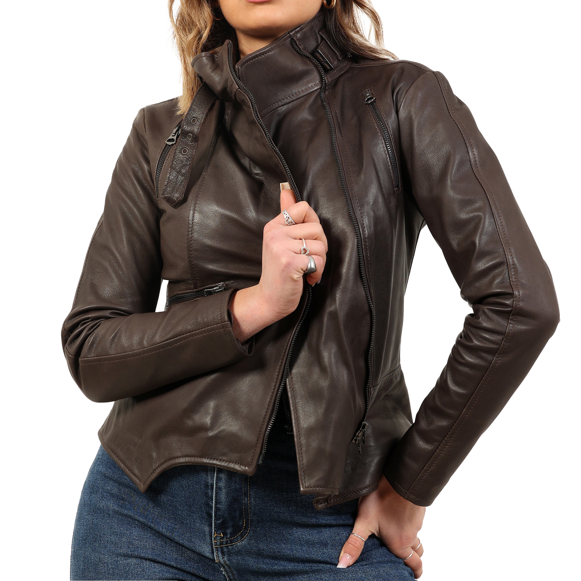 Giubbino in vera pelle di vitello Marrone-Slim Fit