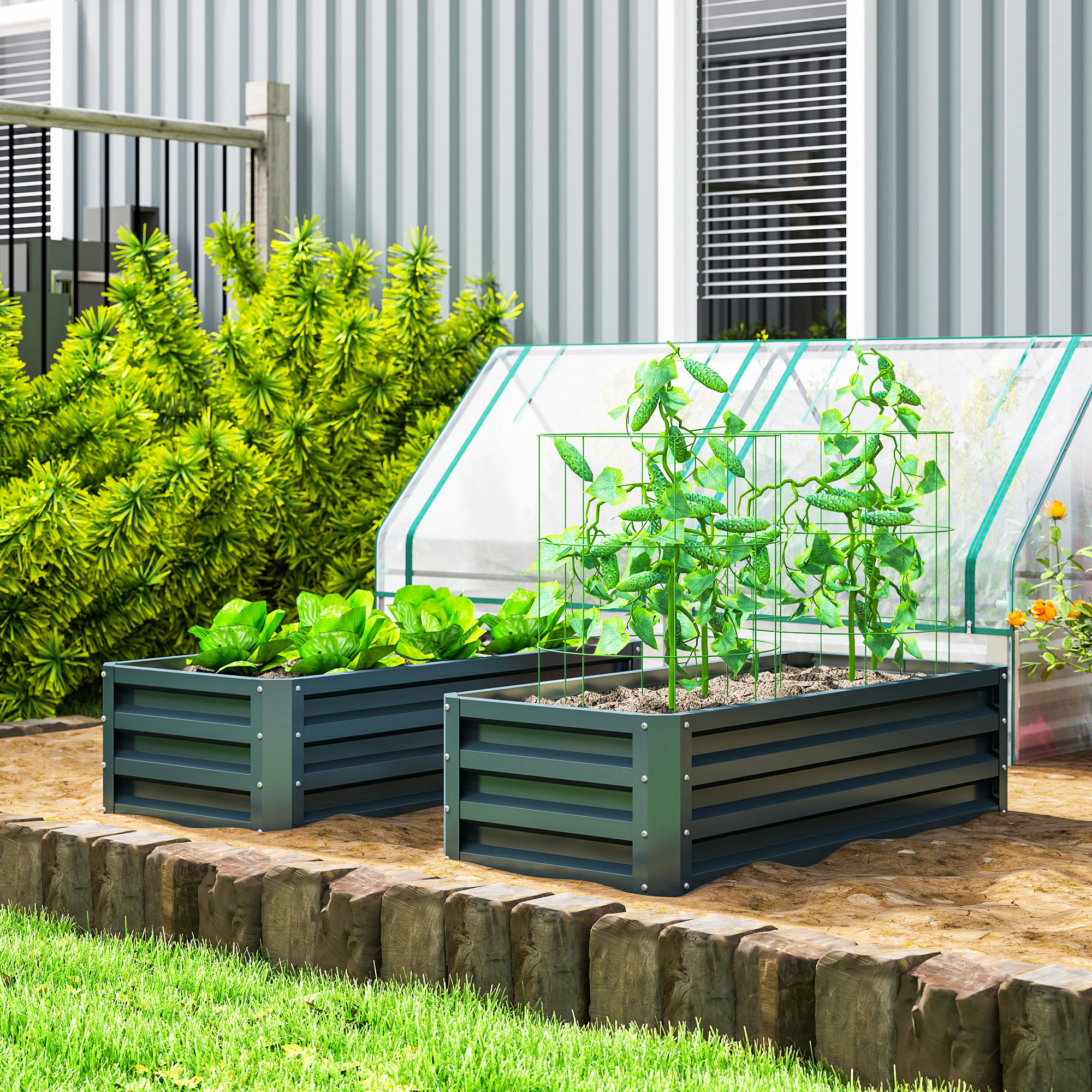 Juego de 2 Jardineras Exterior Grandes de Acero Galvanizado, Huertos Urbanos, Maceteros Exterior Elevados para Plantas, Flores, Terraza, Jardín, Resistente a la Intemperie, 110x50x30 cm Verde