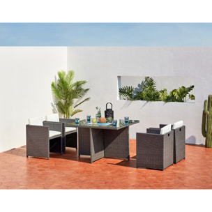 Table et chaises 4 places encastrables en résine gris-blanc REGINA