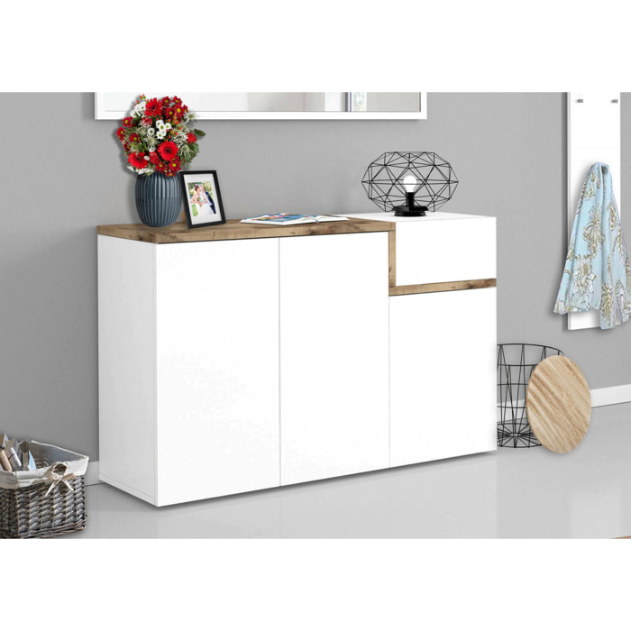 Scarpiera moderna, Made in Italy, 3 ante e 1 anta a ribalta, Portascarpe da ingresso, cm 120x40h80, colore Bianco lucido e Acero