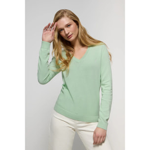 Maglione verde leggero in filo basic con collo a V e logo Rigby Go