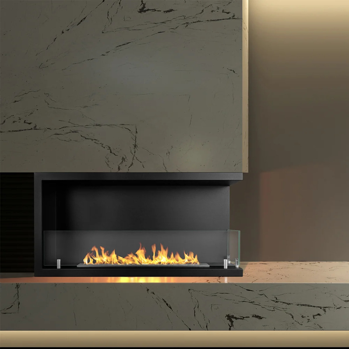 Sutri 90 - Camino a Bioetanolo da Incasso Angolare Destro 90x45x22,4 cm con Bruciatore 1,5lt in Acciaio