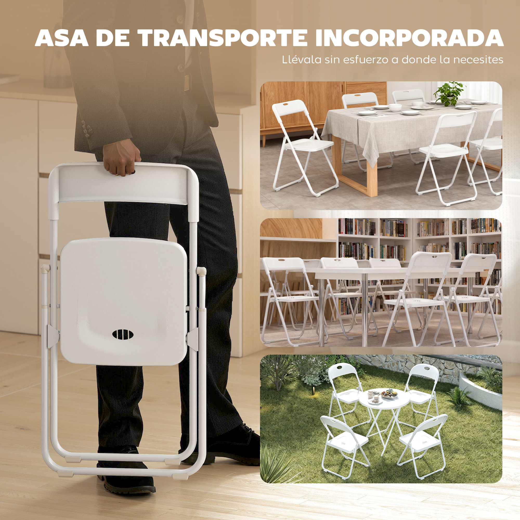 Juego de 6 Sillas Plegables de Plástico, Estructura de Acero, Sillas de Comedor con Respaldo Curvo, Asiento Cóncavo, para Espacios Pequeños, Salón, Oficina, Cocina, Blanco