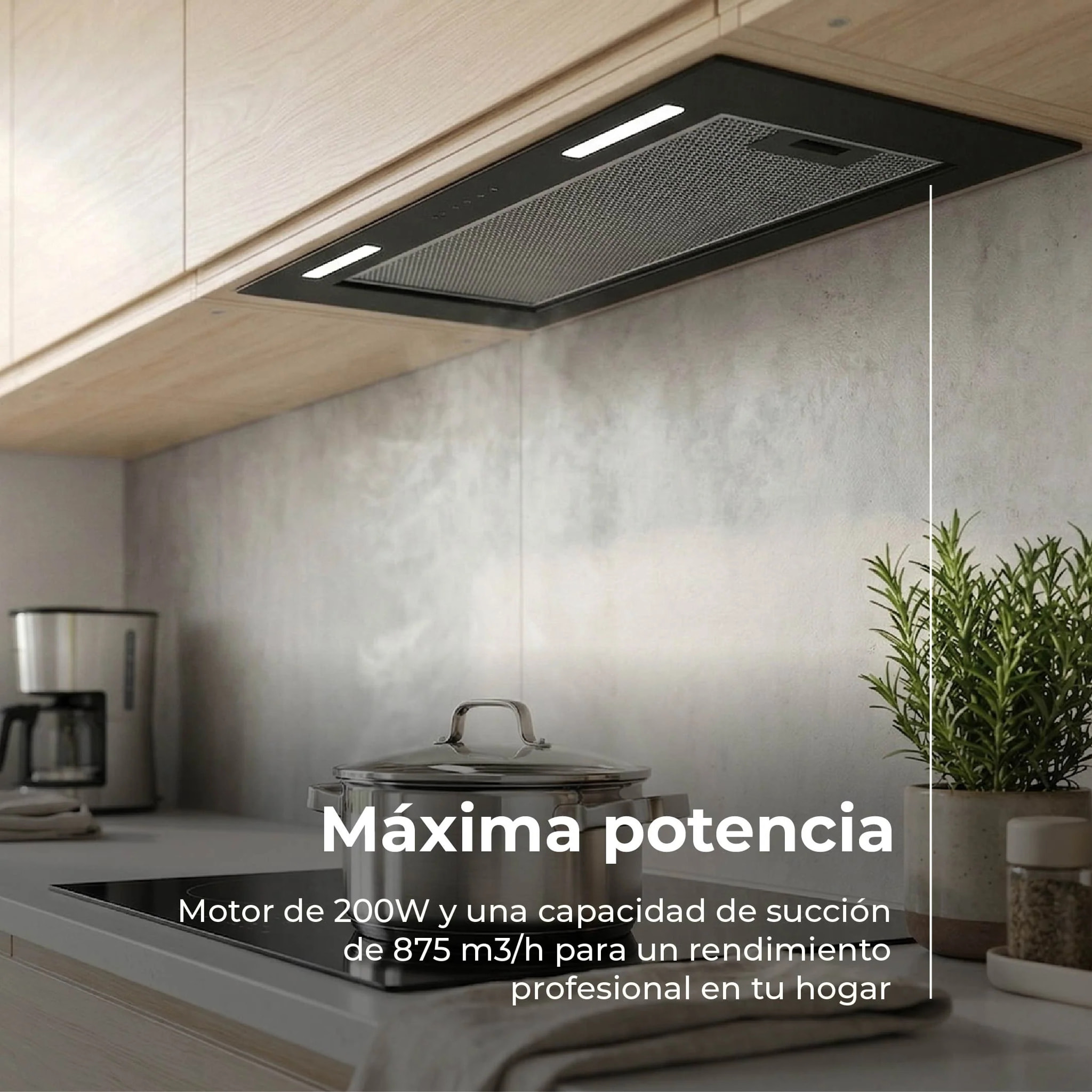 EVVO Campana Extractora Integrada CEi 52 Black, 52 cm, 875 m³/h, a A+++, Bajo Ruido, LED, Filtros de Aluminio y Carbón,