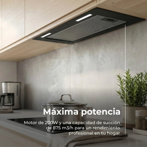 EVVO Campana Extractora Integrada CEi 52 Black, 52 cm, 875 m³/h, a A+++, Bajo Ruido, LED, Filtros de Aluminio y Carbón,