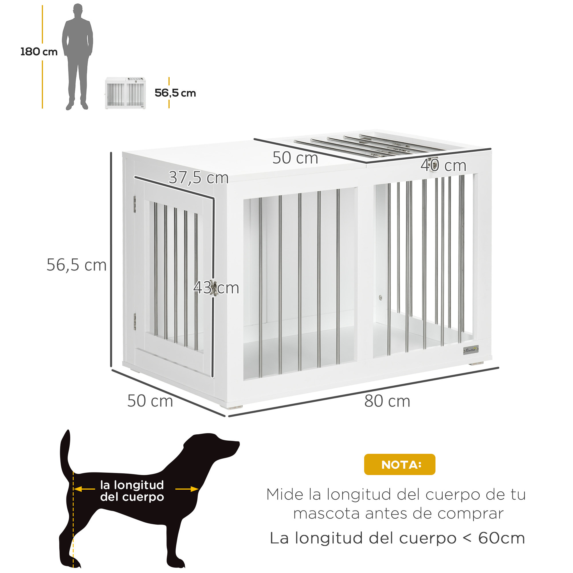 Jaula para Perros Medianos 2 en 1 Mesa Auxiliar Estilo Moderno con 2 Puertas con Pestillo y Estructura de Acero Inoxidable Casa para Perros 80x50x56,5 cm Blanco