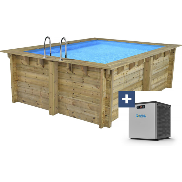 Piscine bois rectangle " Caimans 140 " - 4.10 x 3.00 x 1.39  m + Mini pompe à chaleur 3.5kW - Métal - Gris