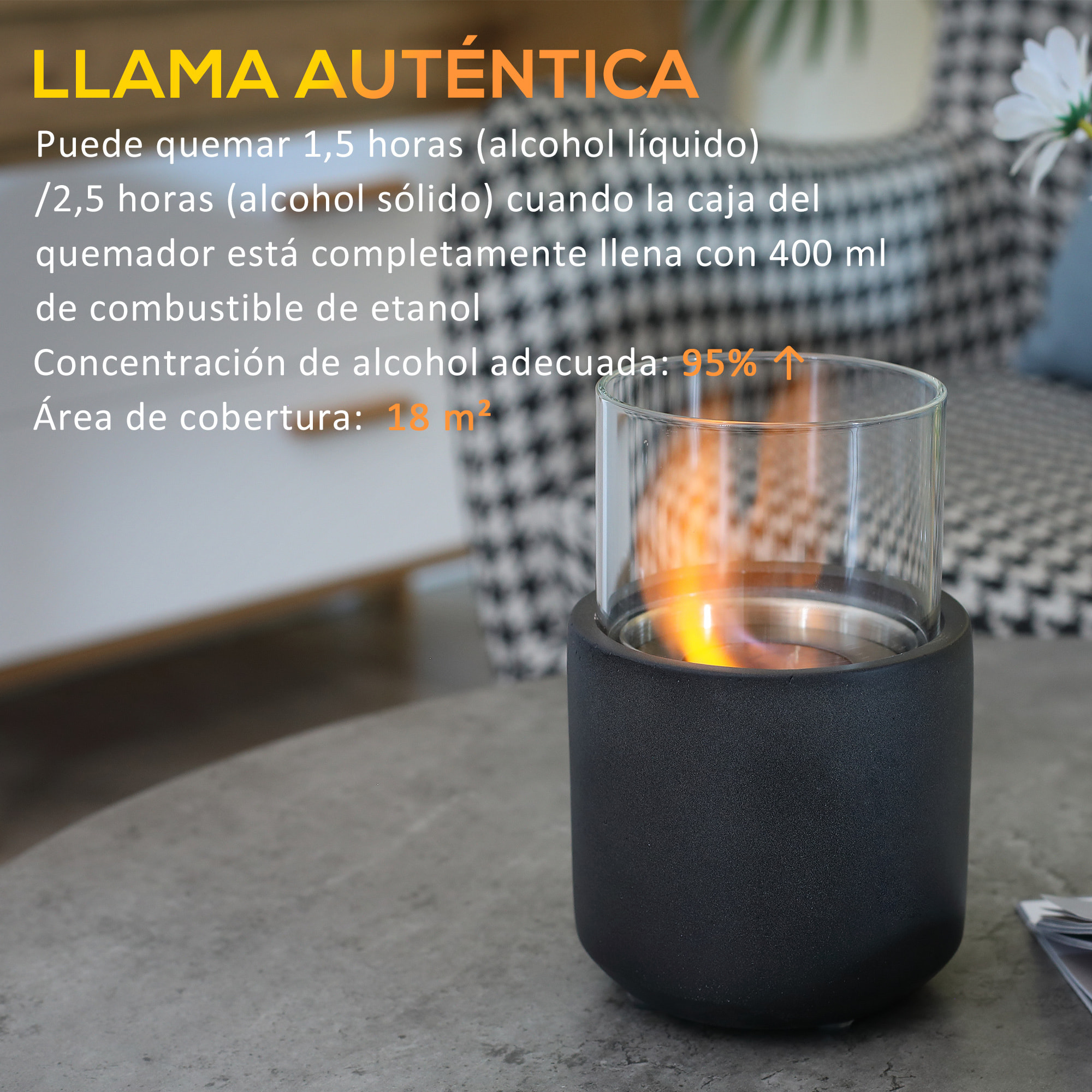 Chimenea Bioetanol Sobremesa Capacidad de 0,4 L Combustión de 2,5h Chimenea de Bioetanol para Interior y Exterior 12x12x19 cm Gris Oscuro