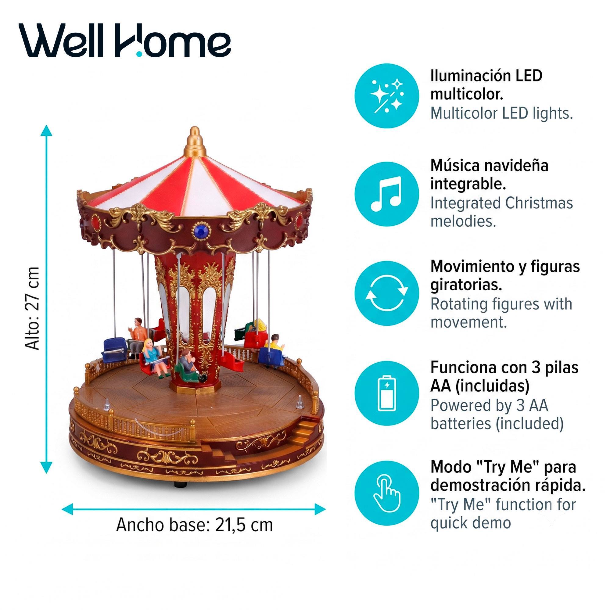 Carrusel navideño musical con luces led y movimiento 21,5x21,5x27cm