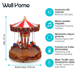 Carrusel navideño musical con luces led y movimiento 21,5x21,5x27cm