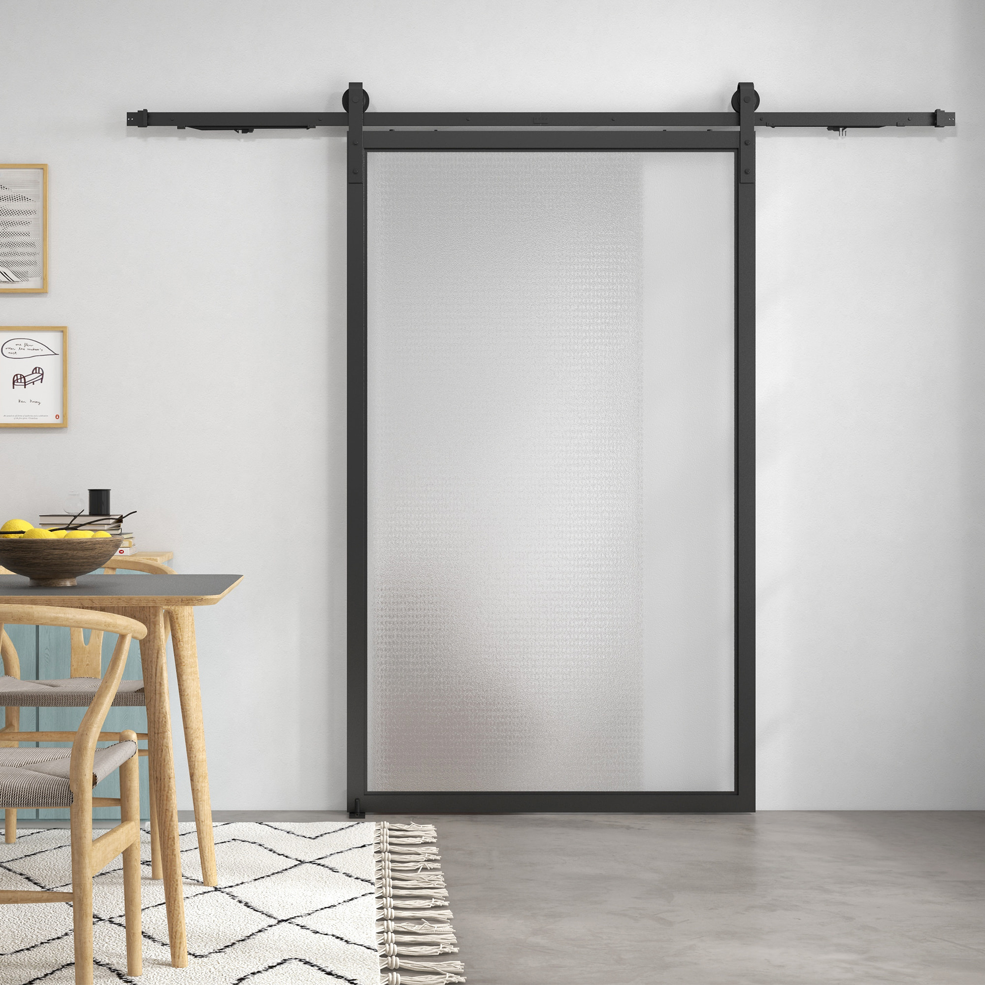 8FT/244cm Herrajes para Puerta Corredera con Amortiguador sin Perforación Kit de Accesorios para Puerta Corrediza con 2 Rieles para Granero Negro