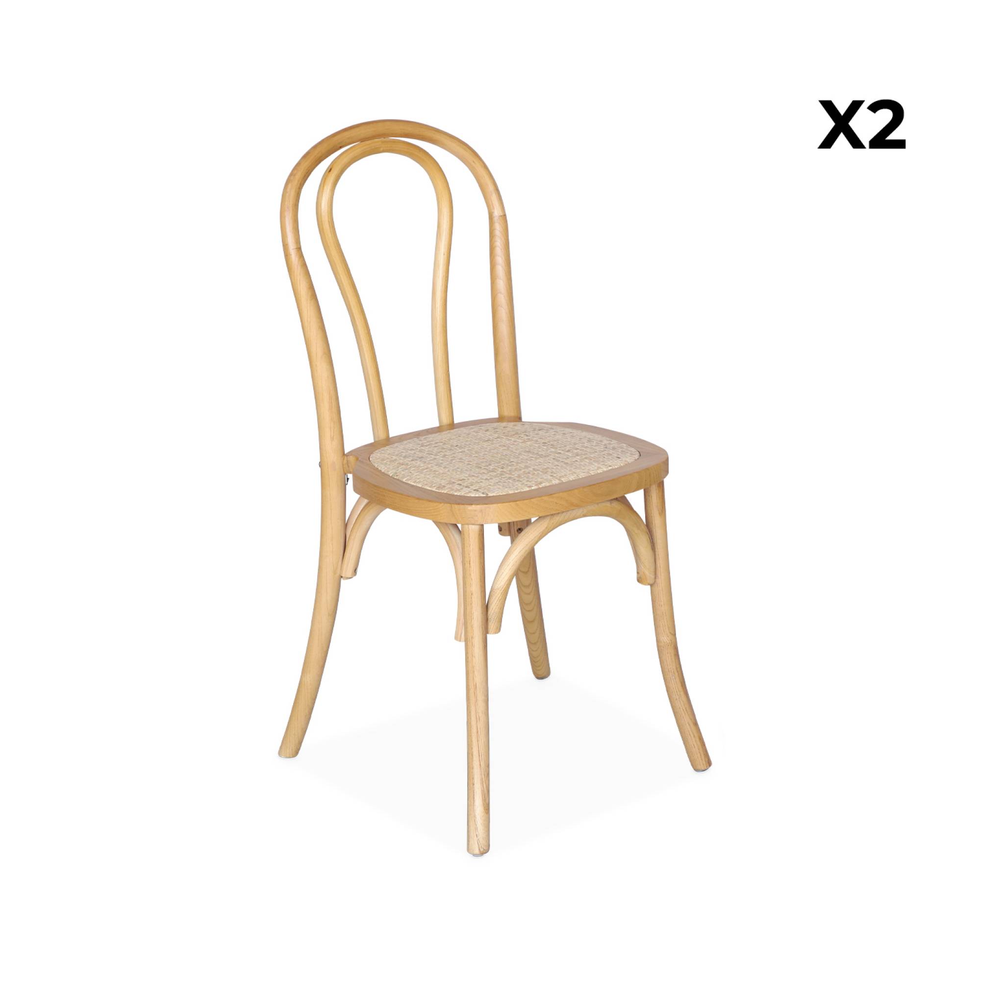 Lot de deux chaises vintage en bois avec assise en rotin et dossier arrondi coloris naturel