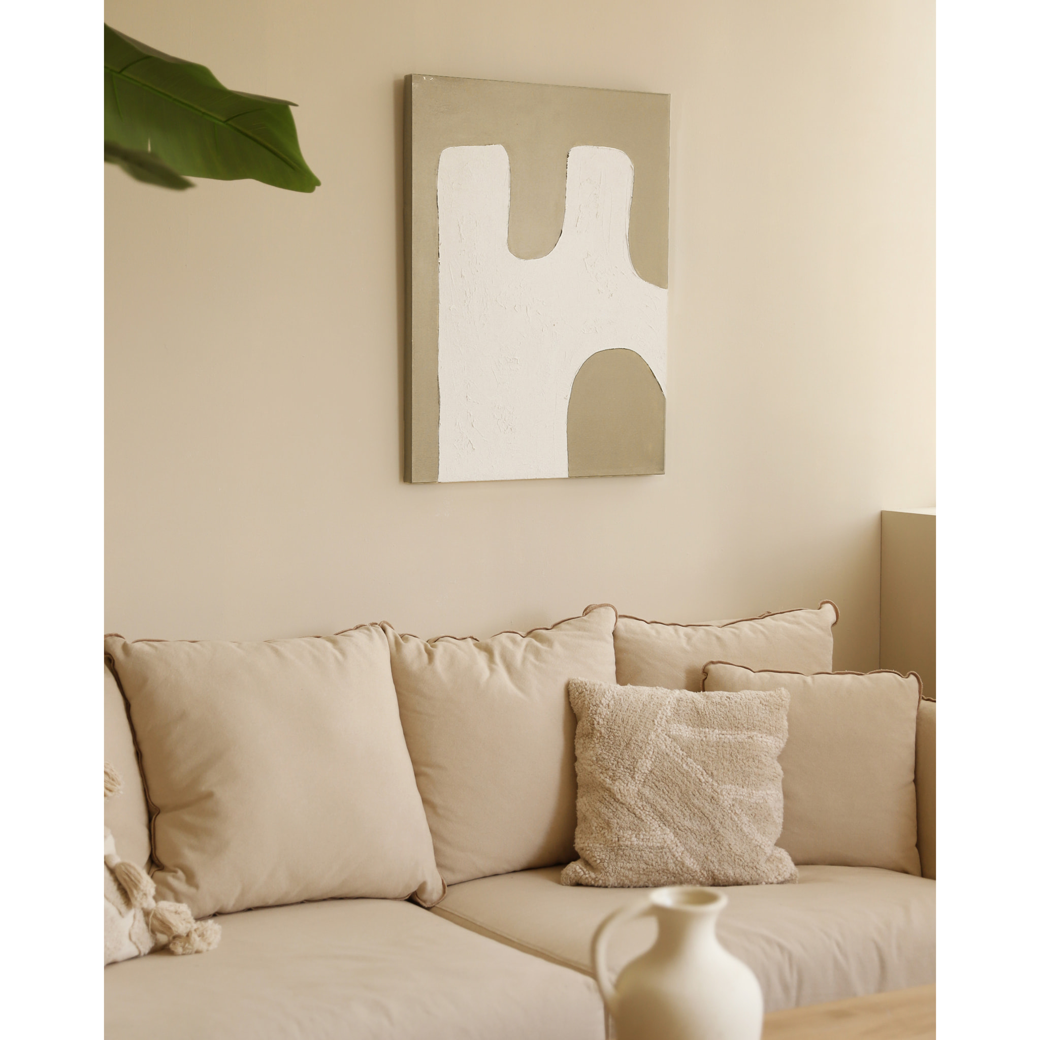Tableau beige et blanc décoratif sur coton avec cadre en bois peint à la main à la peinture à l'huile en différentes tailles
