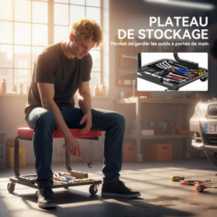 Tabouret d'atelier mobile - tabouret de mécanicien - plateau outils - acier noir synthétique rouge