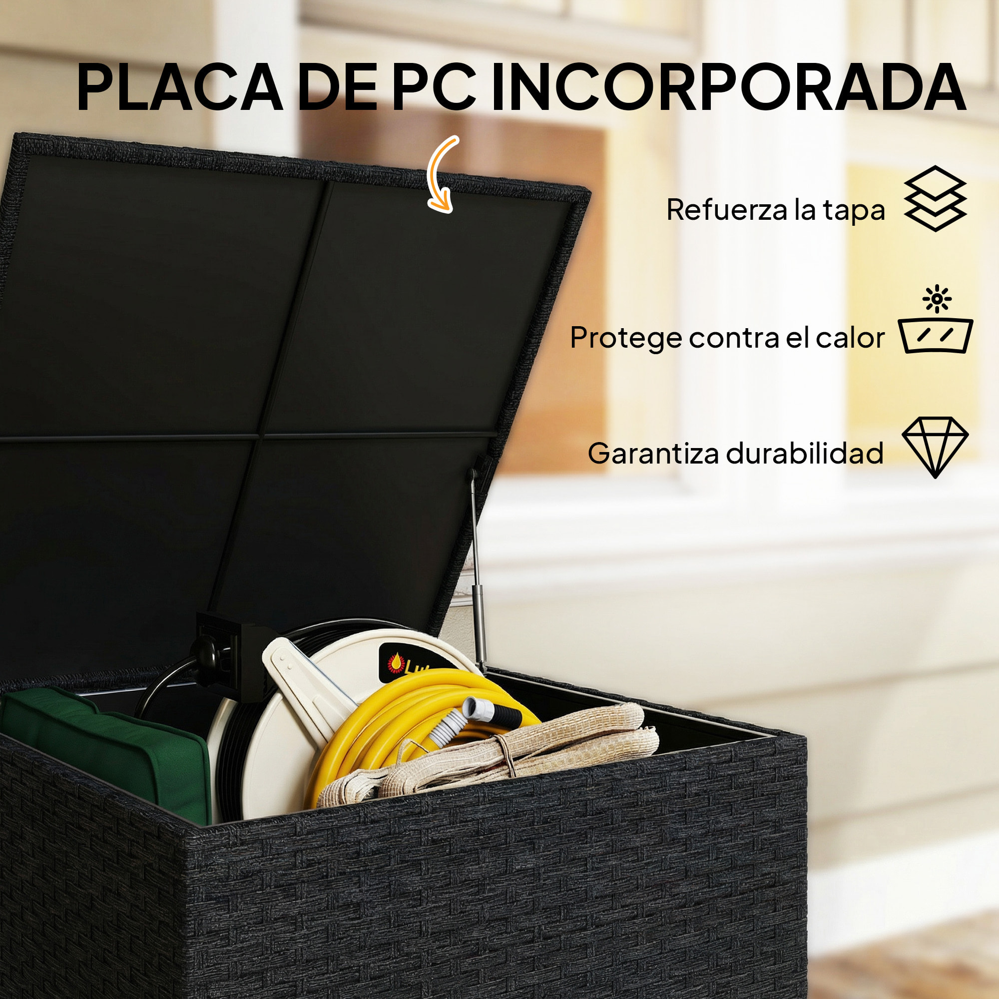 Baúl de Almacenaje Exterior de Ratán Sintético de 253L, Arcón Exterior con Varilla Hidráulica, Forro con Cremallera y Marco de Acero, Carga 50 kg, para Jardín, Terraza, 72x72x70 cm, Negro