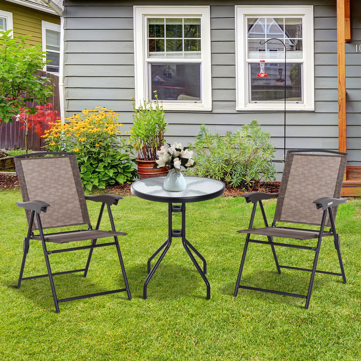 Ens. de jardin 3 pièces 2 chaises inclinables pliables + table ronde